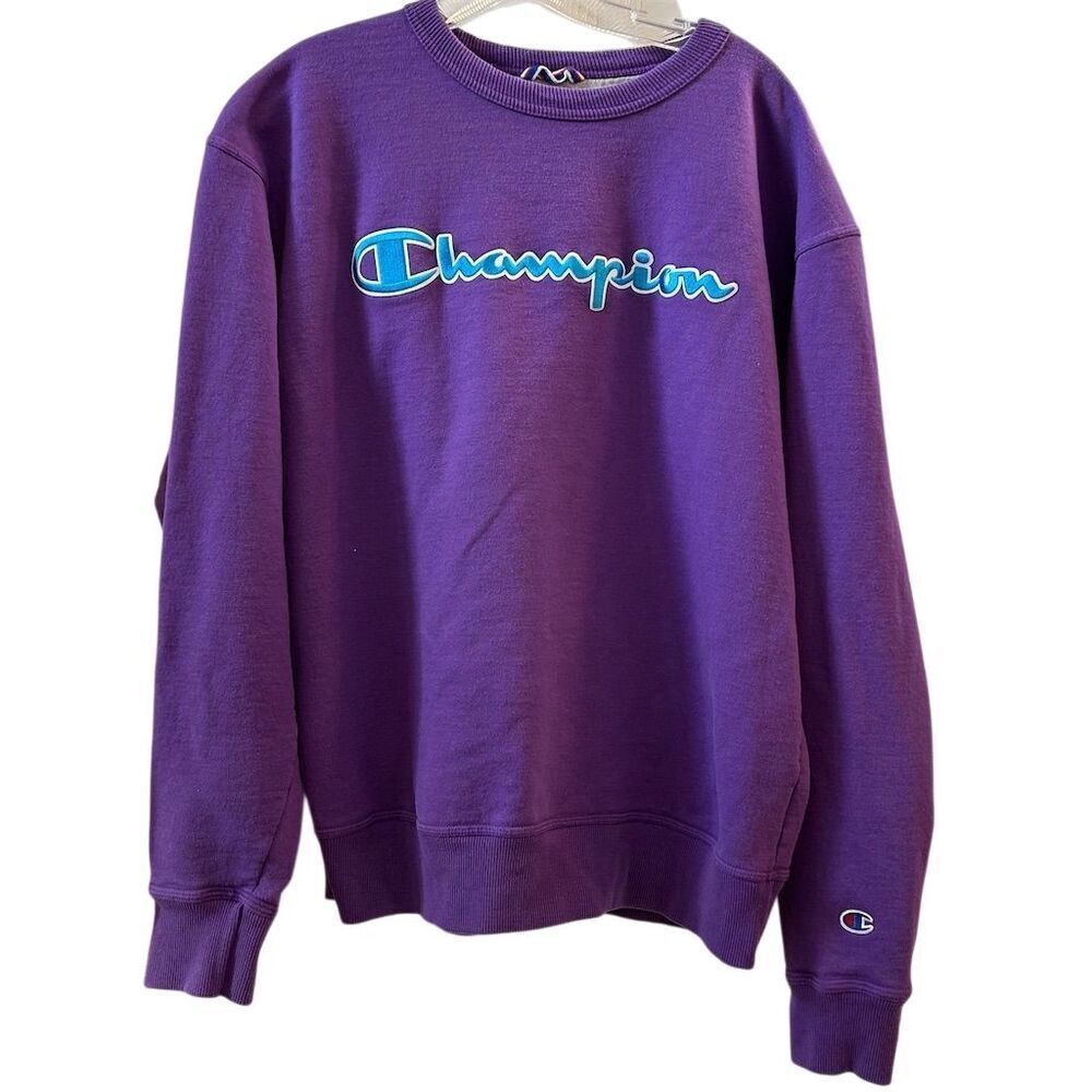 Champion Women's Large Purple Crewneck‎ Sweatshirt Spell Out Logo